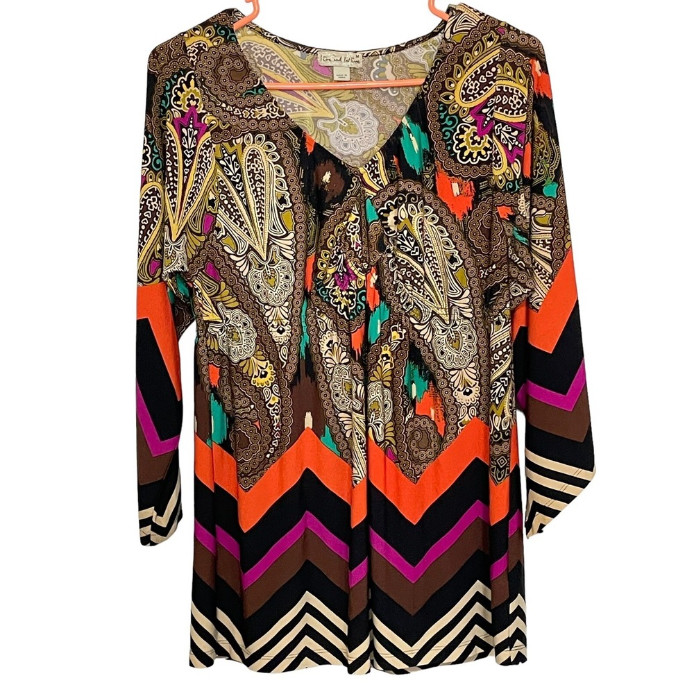 Live And Let Live Women's Tunic Top V-Neck Stretch Paisley Size Medium Fast Ship